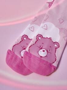 SHEIN X Care Bears 2 Pairs Women Striped & Heart Design Mid Calf Socks, Purple & Pink