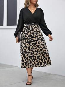 SHEIN Frenchy Plus Leopard Print Lantern Sleeve Overlap Collar Belted Dress - Black - View 3