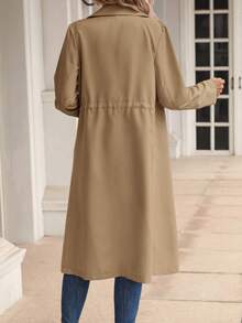 SHEIN LUNE Lapel Neck Double Breasted Drawstring Waist Trench Coat - Khaki - View 2