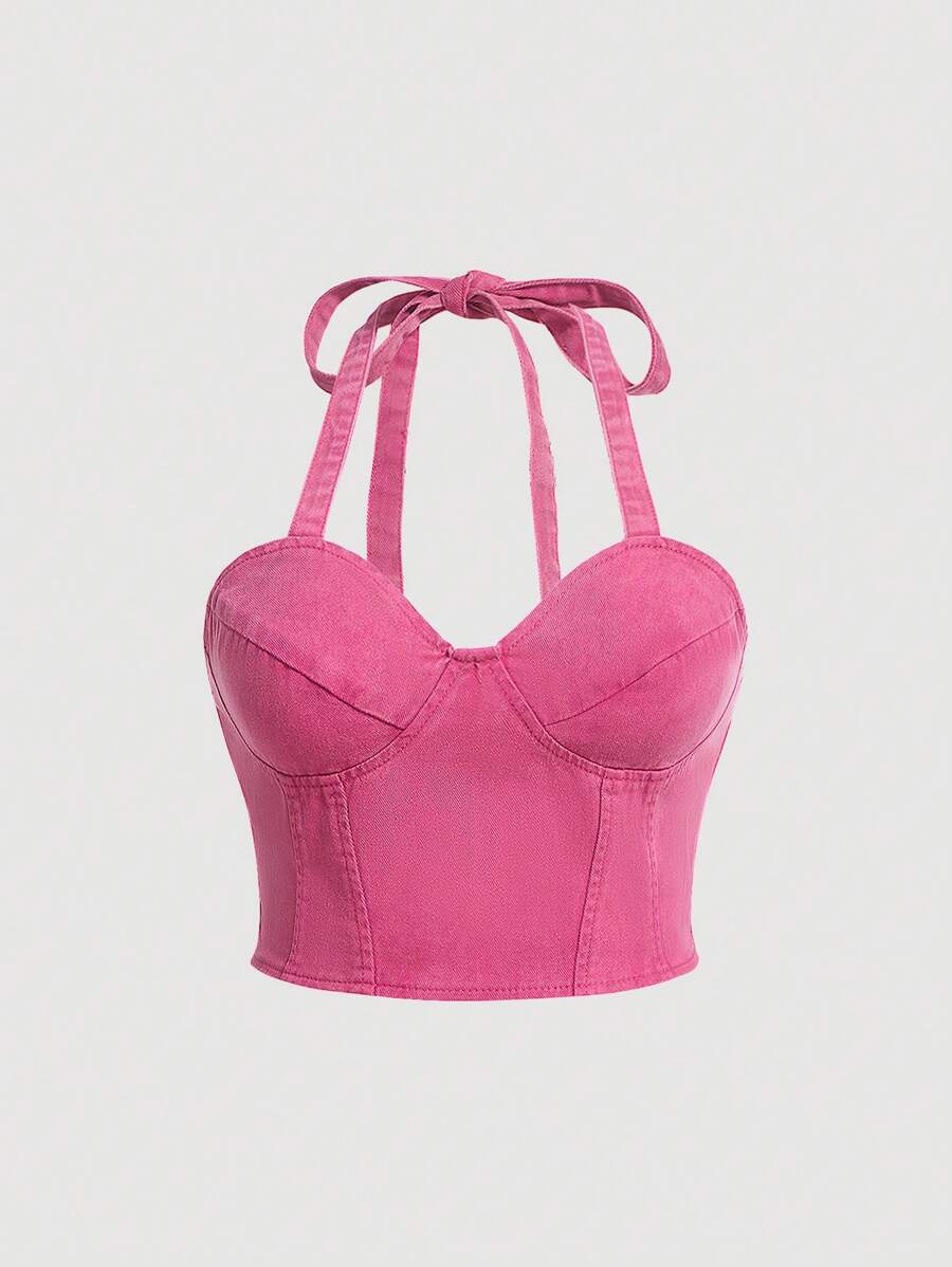 SHEIN MOD Plus Tie Backless Bustier Denim Top - Pink - View 1