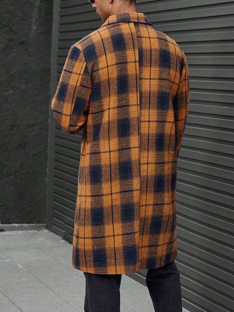 Loose-Fit Men's Plaid Overcoat With Lapel Collar And Slant Pockets