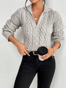 SHEIN Essnce 絞花針織落肩毛衣 - 灰色 - 查看 4