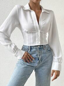 SHEIN Essnce Solid Button Front Shirt - White - View 6