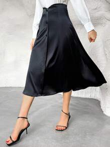 SHEIN Privé Rock mit hoher Taille, Knopf vorne - Schwarz - Übersicht 1