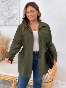 SHEIN LUNE Plus Flap Pocket Elastic Waist Coat - Army Green - View 6