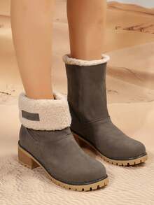 女士時尚靴子女士雪地靴冬季中筒靴,粗跟折邊毛皮踝靴 - 灰色 - 查看 3