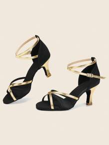 女士黑色和金色室內高跟拉丁舞鞋適合恰恰、探戈 - 黑色 - 查看 1