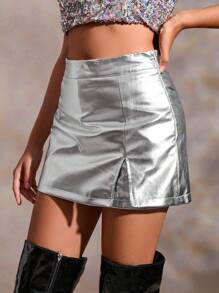 Aveloria 開叉下擺金屬裙褲 - 銀色 - 查看 4