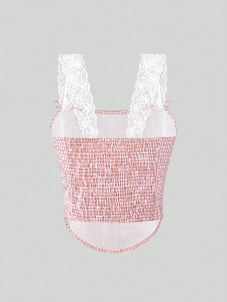 Gingham Print Lace Trim Wide Strap Top
