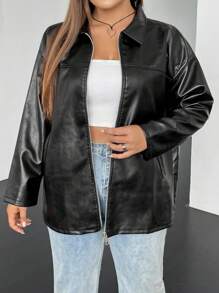 SHEIN EZwear 大碼拉鏈開襟落肩袖PU皮革外套 - 黑色 - 查看 3