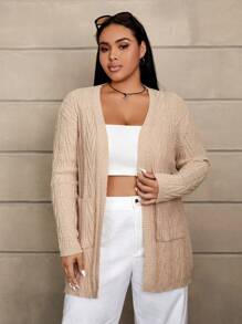 SHEIN EZwear 大码绞花针织落肩开衫 - 卡其色 - 查看 1