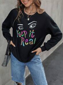 SHEIN Unity Slogan Graphic Rhinestone Detail Drop Shoulder Sweatshirt Pullover Fall Sweatshirt - Black - View 6