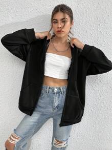 INAWLY Solva 纯色拉链落肩连帽衫，长袖上衣