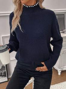 SHEIN Clasi Pearls Beaded Mock Neck Drop Shoulder Sweater - Navy Blue - View 1