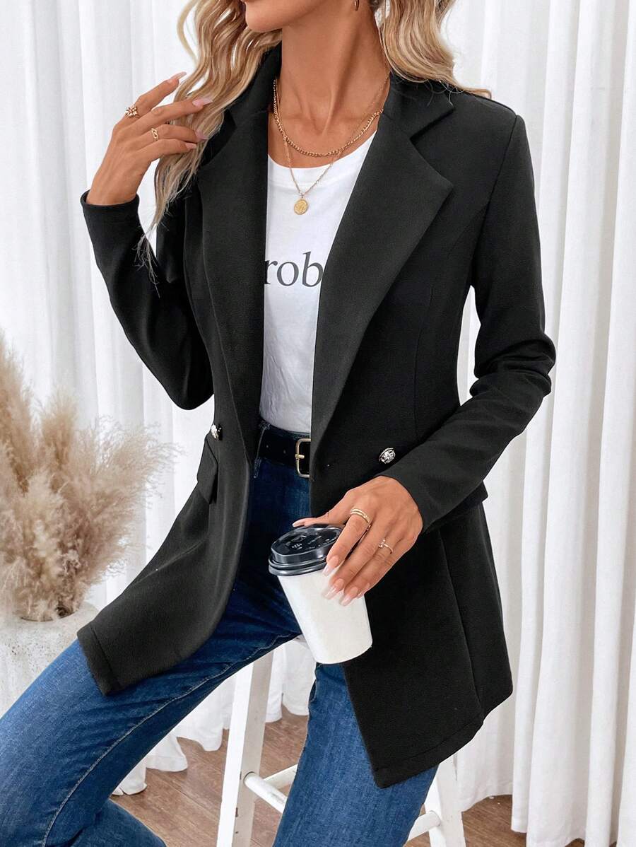 SHEIN Frenchy 翻領雙扣西裝外套 - 黑色 - 查看 1