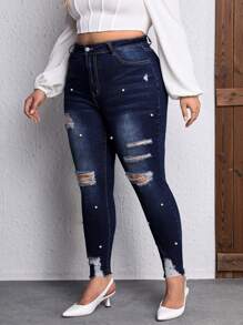 SHEIN Privé 大碼珍珠串珠破洞毛邊緊身牛仔褲 - 深色水洗藍 - 查看 5