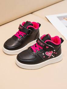 1雙兒童舒適pu大底運動鞋,時尚紅心刺繡設計女孩適用全季徒步靴