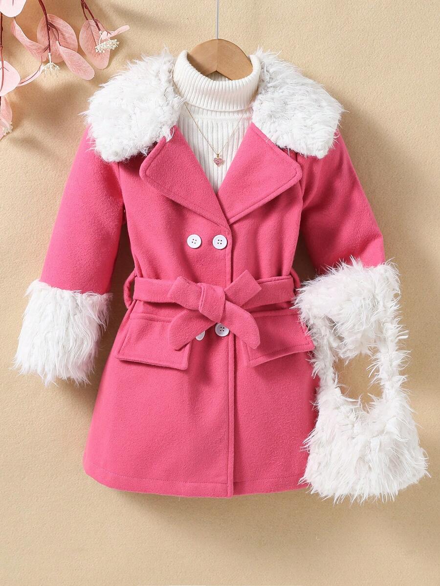 SHEIN Young Girl 1pc Contrast Fuzzy Trim Double Breasted Belted Coat With Bag - Hot Pink - View 1