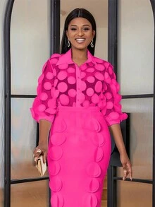 In vết tròn Polka Nút phía trước Áo sơ mi - Màu Hồng Tươi - Xem 3