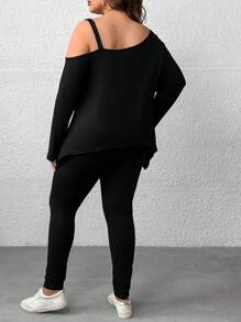 SHEIN LUNE Plus Slogan Graphic Asymmetrical Neck Tee & Leggings - Black - View 2