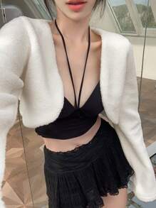 DAZY Solid Crop Teddy Jacket,Thermal Lined - Beige - View 1