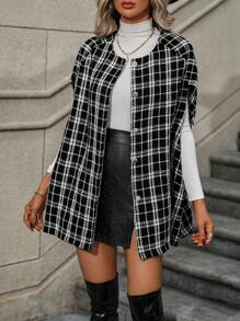 SHEIN Clasi Palton frontal cu buton imprimat în carouri - Alb-negru - Vizualizare 3