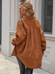 EMERY ROSE Drop Shoulder Pocket Patched Corduroy Coat - Brown - View 2