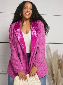 SHEIN CURVE+ Christmas Plus Plaid Double Breasted Blazer - Red Violet - View 3
