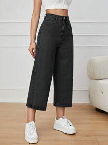 Jeans con cremallera de pierna ancha crop - Negro - Ver 6