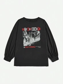 SHEIN EZwear 大碼標語圖案落肩T恤 - 深灰色 - 查看 3