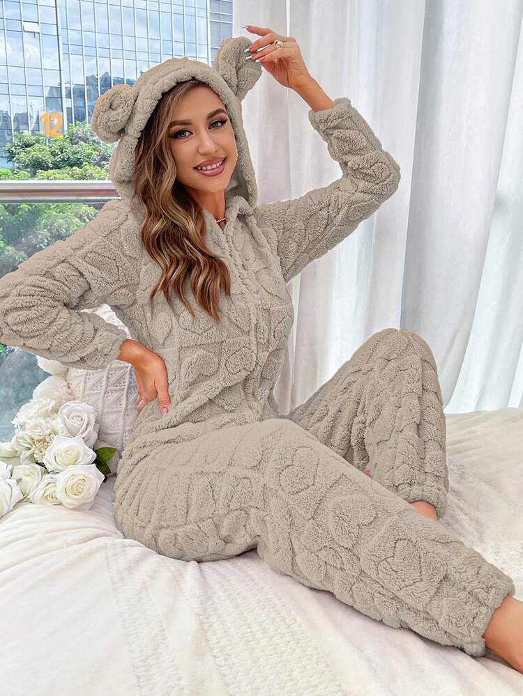 3D Ear Design Hooded Zipper Front Flannel Lounge Jumpsuit