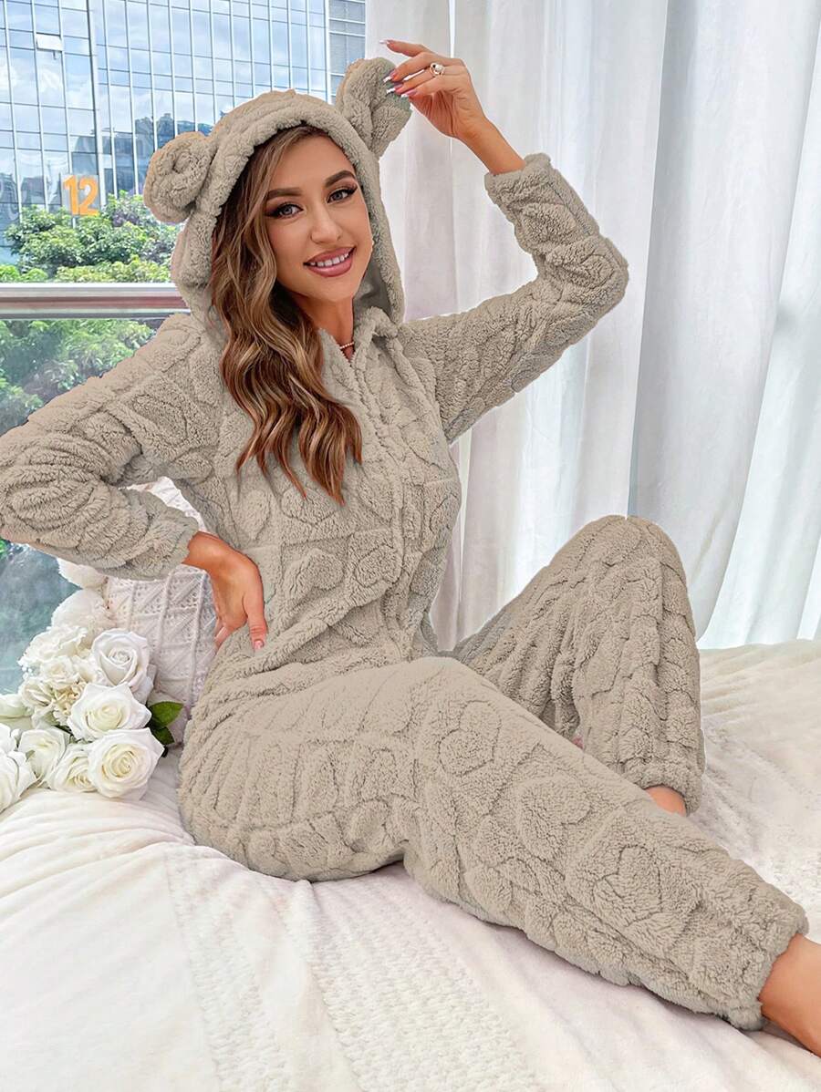 3D Ear Design Hooded Zipper Front Flannel Lounge Jumpsuit - Camel - View 1