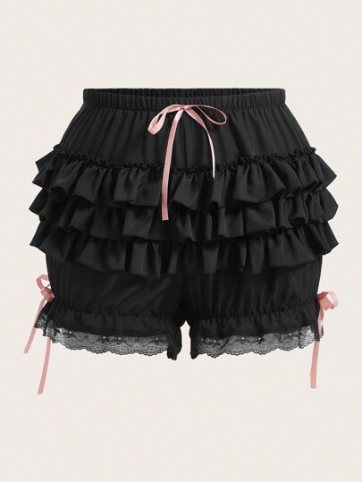 Kawaii Short avec taille à cordon de serrage, ourlet en dentelle et garniture de volants, noeud sur le devant, pour l'école