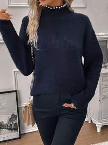 SHEIN Clasi Pearls Beaded Mock Neck Drop Shoulder Sweater - Navy Blue - View 4