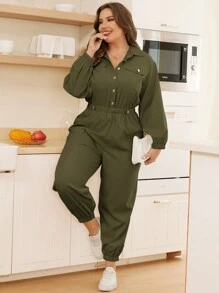 SHEIN Essnce 加蓋袋彈力腰襯衫連身褲 - 軍綠色 - 查看 6