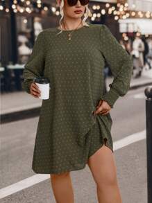 SHEIN LUNE Plus Swiss Dot Lantern Sleeve Tunic Dress - Army Green - View 3