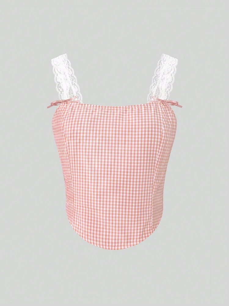 Gingham Print Lace Trim Wide Strap Top