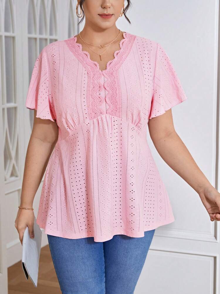 Plus Eyelet Embroidery Contrast Lace Scallop Trim Butterfly Sleeve Peplum Tee