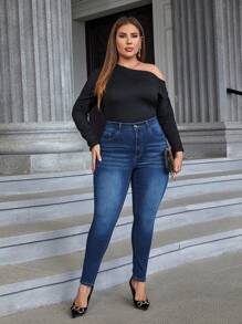 SHEIN LUNE Plus Washed Skinny Jeans - Dark Wash - View 4