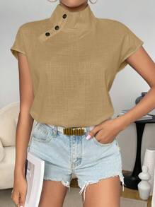 SHEIN Privé Button Detail Batwing Sleeve Mock Neck Button Detail Blouse - Mocha Brown - View 1