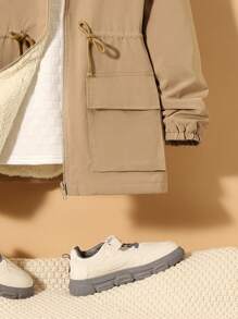 SHEIN Adolescent Garçon 1 pièce Manteau À Capuche À Cordon À Ourlet Duveteux À Doublure En Tissu Duveteux
