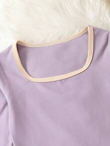 Conjunto De Pijama Para Niña Preadolescente Con Camiseta Y Pantalones Ajustados Con Detalles De Contraste En Los Bordes - Morado - Ver 3