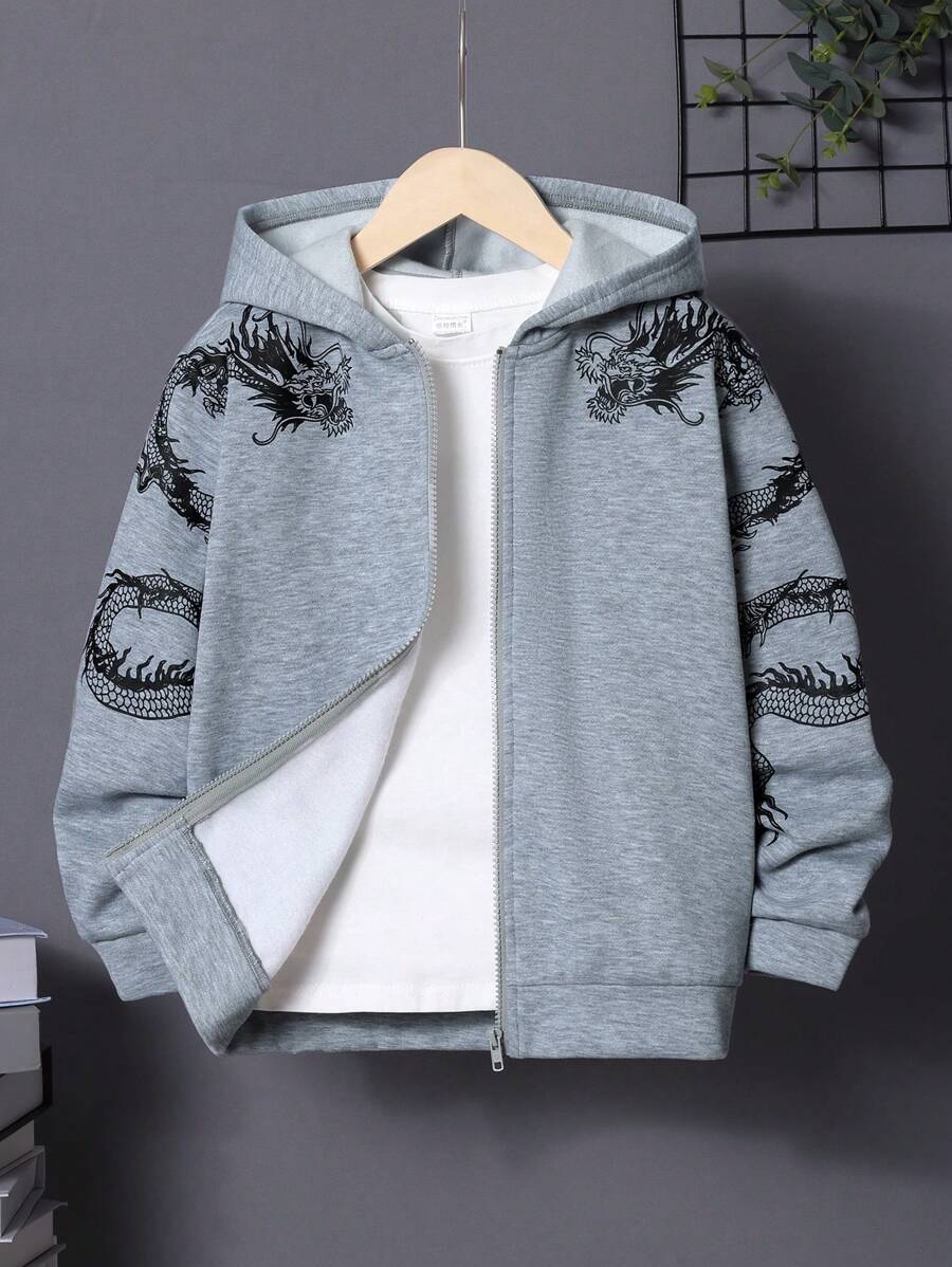 SHEIN 男童中国龙印花拉链保暖连体卫衣 - 灰色 - 查看 1