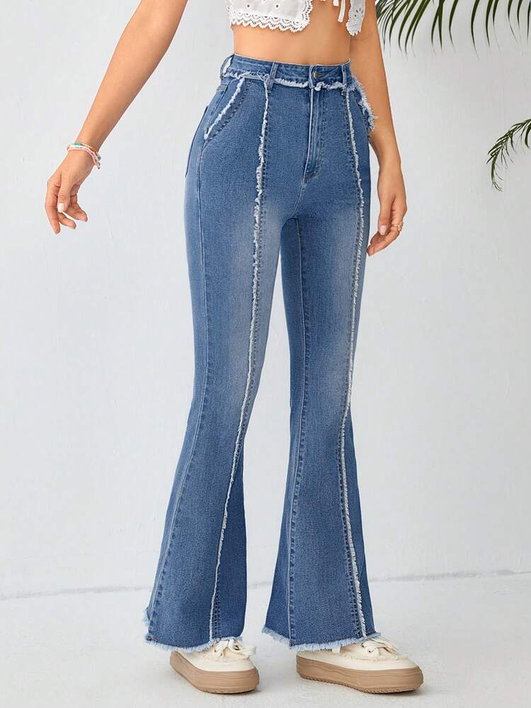 High Waist Raw Trim Flare Leg Jeans
