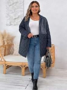 SHEIN LUNE 大碼雙口袋落肩袖連帽絎縫外套 - 灰色 - 查看 4