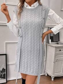 SHEIN Clasi 1pc Button Detail Cable Knit Sweater Vest - Grey - View 3