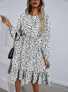SHEIN Clasi Vestido con estampado de lunares bajo con fruncido - Blanco y Negro - Ver 1