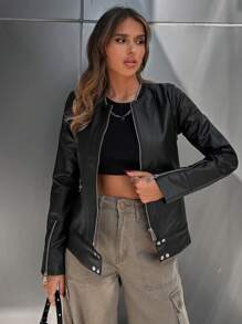 EURMUSE 拉鏈開襟PU皮革夾克 - 黑色 - 查看 1