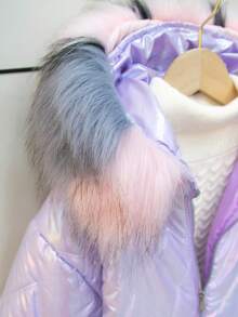 SHEIN Tween Girl 毛绒装饰连帽全息填充外套 - 紫色 - 查看 4