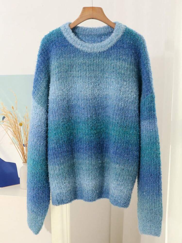 Women's Casual Loose Ombre Drop Shoulder Knitted Sweater, Spring Autumn,Fall Women Clothes
